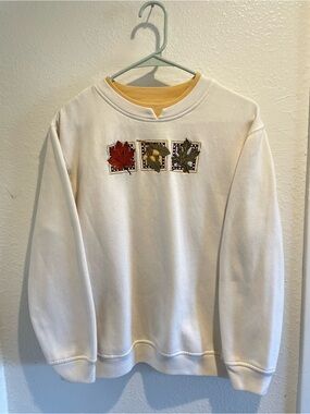VNTG 90s Autumn Leaf Embroidered Faux Double Collar Crewneck Sweater Cream M